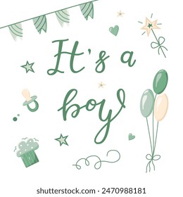 Hand drawn greeting card for the birth of a Boy. Vector invitation card template for baby gender reveal party. Color illustration with balls and flags on a white background. Calligraphic inscription.