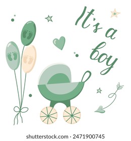 Hand drawn greeting card for the birth of a Boy. Vector invitation card template for baby gender reveal party. Color illustration with balloons and a baby stroller for newborns on a white background. 