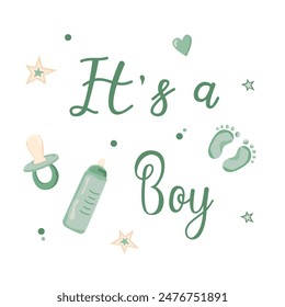 Hand drawn greeting card for the birth of a Boy. Vector invitation card template for baby gender reveal party. Color illustration with newborn items on a white background. 