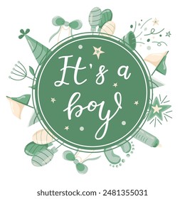 Hand drawn greeting card for the birth of a Boy. Vector invitation card template for baby gender reveal party. Color illustration with balloons, crackers and party items on a white background. 