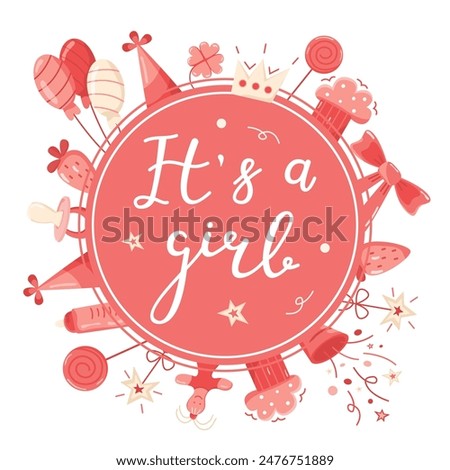 Hand drawn greeting card for the birth of a Girl. Vector invitation card template for baby gender reveal party. Color illustration with balloons, crackers and party items on a white background. 