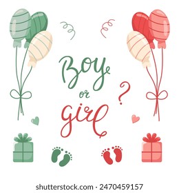 Hand drawn greeting card Boy or Girl. Vector invitation card template for baby gender reveal party. Color illustration with balloons and gifts for a party.