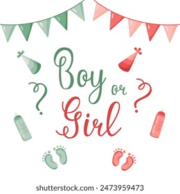 Hand drawn greeting card Boy or Girl. Vector invitation card template for baby gender reveal party. Color illustration with flags and children's items on a white background. Calligraphic inscription. 