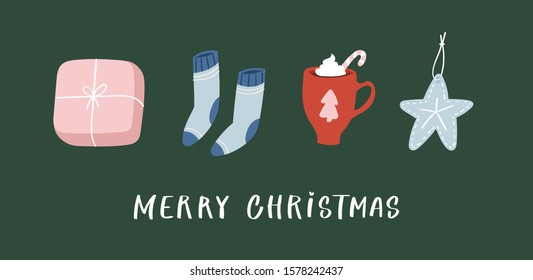 Hand drawn greeting card with Christmas quote and objects.Vector Celebration Illustration. Creative artwork with cozy Winter set of decoration for Home. Doodle Holidays background, poster, postcard 