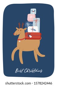 Hand drawn greeting card with Christmas quote and deer holding presents . Creative vector artwork with cozy Winter illustration of decoration for Home. Doodle Holidays background, poster, postcard 