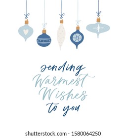 Hand drawn greeting card with Christmas quote and objects. Vector Celebration Illustration. Creative artwork with cozy Winter set of decoration for Home. Doodle Holidays background, poster, postcard 