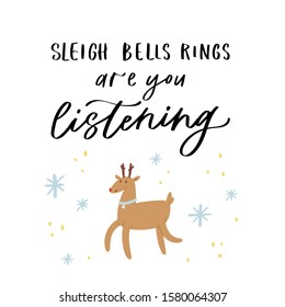 Hand drawn greeting card with Christmas quote and objects. Vector Celebration Illustration. Creative artwork with cozy Winter set of decoration for Home. Doodle Holidays background, poster, postcard 