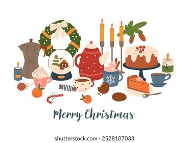 Hand drawn greeting card of Christmas festive elements. Traditional winter symbols, holiday composition with cake, drinks, wreath, candy cane, candles, snowball. Vector flat illustration for print