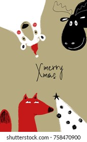 Hand drawn greeting card with Christmas tree and sticking out funny animals: polar beer, fox and deer.