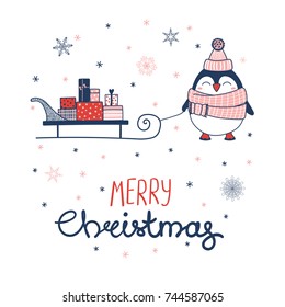 Hand drawn greeting card with a cute penguin in a muffler, pulling a sleigh with gifts, text Merry Christmas. Isolated objects on white background. Vector illustration. Design concept winter holidays.