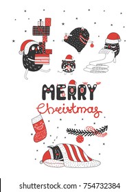 Hand drawn greeting card with cute monsters, reading a list, carrying presents, sleeping under Christmas tree. Isolated objects on white background. Design concept winter holidays. Vector illustration