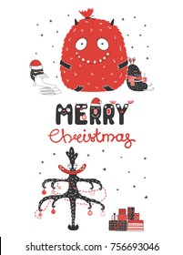 Hand drawn greeting card with cute monsters, reading long list, bag with presents, with a mug, Christmas tree. Isolated objects on white background. Design concept winter holidays. Vector illustration