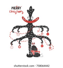 Hand drawn greeting card with a cute monster holding a steaming mug, sitting under the Christmas tree. Isolated objects on white background. Design concept kids, winter holidays. Vector illustration.