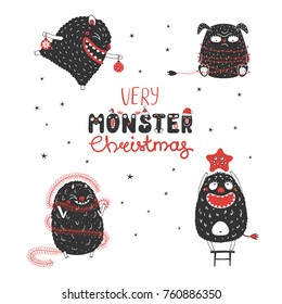 Hand drawn greeting card with cute funny monsters with different Christmas decorations. Isolated objects on white background. Design concept for children, winter holidays. Vector illustration.