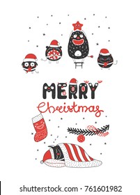 Hand drawn greeting card with cute monsters, standing on a stool, holding star, candy, sleeping under the Christmas tree. Isolated objects on white background. Design concept kids. Vector illustration