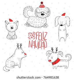Hand drawn greeting card with cute funny cartoon dogs in hats, Spanish text Feliz Navidad (Happy Christmas). Isolated objects on white background. Vector illustration. Design concept winter holidays.