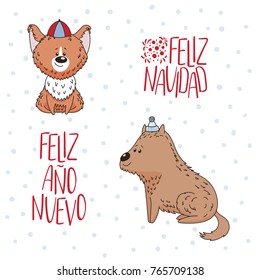 Hand drawn greeting card with cute dogs, Spanish text Feliz Navidad, Ano Nuevo (Happy Christmas, New Year). Isolated objects on white background. Vector illustration. Design concept winter holidays.