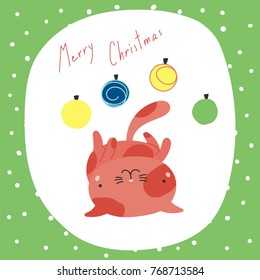 Hand drawn greeting card with cute funny cartoon cat lying on its back, with Christmas baubles, quote. Isolated objects on white background. Vector illustration. Design concept kids, winter holidays.