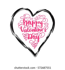 Hand drawn greeting card design element "Happy Valentine's Day" and heart shaped frame. Vector illustration in black and pink colors. 