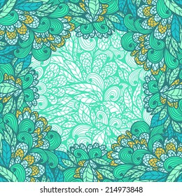 Hand drawn greeting card with floral  blue and green ornament
