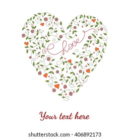 Hand drawn greeting card. Flowers in heart shape. Heart made of flowers. Doodle Heart. Valentines day card.