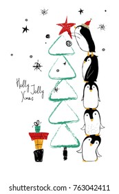 Hand drawn greeting card with funny penguins standing on top of one another and decorate the Christmas tree.