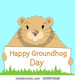 Hand drawn greeting card "Happy Groundhog Day". Brown groundhog, grass and sky.