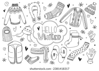 Hand drawn greeting card Hello Winter. Set of winter accessories. Collection winter hats, scarfs, mittens and socks. Knitted wool clothes. Vector illustration in doodle style