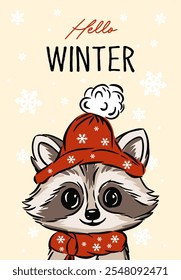 Hand drawn greeting card Hello winter with cute animal, kids design, vector illustration