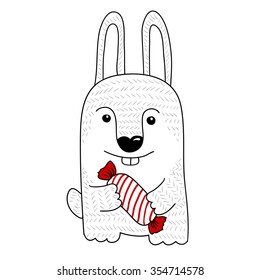 Hand drawn greeting card for holidays with funny bunny
