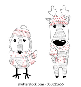 Hand drawn greeting card for holidays with funny animals