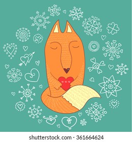 Hand drawn greeting card for holidays with sleepy fox with heart doodles around