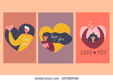 Hand drawn greeting card with man and women and text Love You. Flat illustration. Valentines day concept.