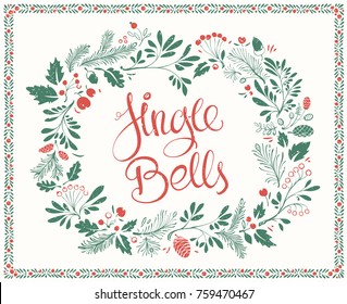 Hand drawn Greeting Card on Christmas with Floral Frames with Shabby Texture and Lettering Jingle Bells