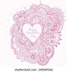 Hand drawn greeting card ornament Happy Valentine's Day. Lace pattern design. Vector decorative banner of card or invitation design Vintage traditional, Islam, arabic, indian, ottoman motifs, elements