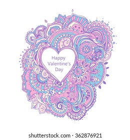 Hand drawn greeting card ornament Happy Valentine's Day. Lace pattern design. Vector decorative banner of card or invitation design Vintage traditional, Islam, arabic, indian, ottoman motifs, elements