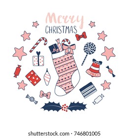 Hand drawn greeting card with a patterned stocking filled with presents, stars, sweets, text Merry Christmas. Isolated objects on white background. Vector illustration. Design concept winter holidays.