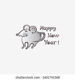 Hand drawn greeting card with rat and handwritten text on white background. Vector illustration. Inscription - Happy New Year