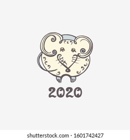 Hand drawn greeting card with rat and handwritten text on white background. Chinese New Year vector illustration. Inscription - 2020