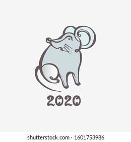 Hand drawn greeting card with rat and handwritten text on white background. Chinese New Year vector illustration. Inscription - 2020