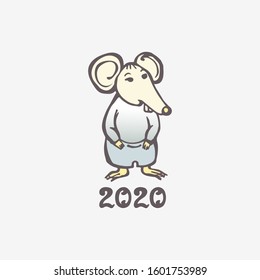Hand drawn greeting card with rat and handwritten text on white background. Chinese New Year vector illustration. Inscription - 2020