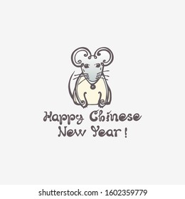 Hand drawn greeting card with rat and handwritten text on white background. Vector illustration. Inscription - Happy Chinese New Year