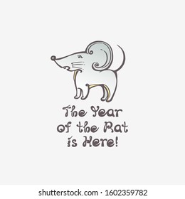 Hand drawn greeting card with rat and handwritten text on white background. Chinese New Year vector illustration. Inscription - The Year of the Rat is Here