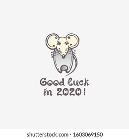 Hand drawn greeting card with rat and handwritten text on white background. Chinese New Year vector illustration. Inscription - Good luck in 2020