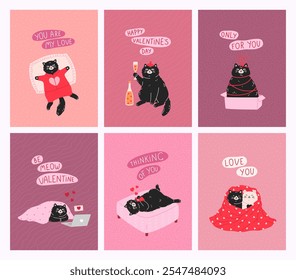 Hand drawn greeting card set of Valentines Day and Love with cute cats. Funny kittens on pillow, chatting online, celebrates with champagne. Cartoon romantic design for print, poster, banner, flyer