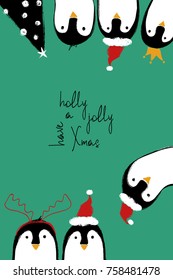 Hand drawn greeting card with sticking out funny penguins and Christmas tree.