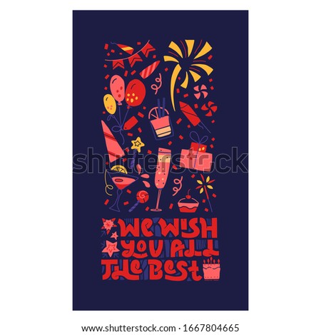 Hand drawn greeting card template. Congratulation phrase. Party items flat vector illustrations. 