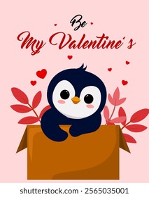 Hand drawn greeting card for valentine day on sweet color, Valentines day card collection, Hand drawn penguin valentine card collection, Cute greeting card valentine day