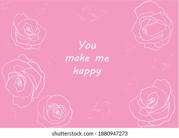 hand drawn greeting card for Valentine's day or wedding in pink color with roses in linear art style