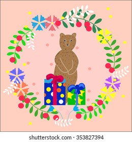 hand drawn greeting card with a wreath of leaves and flowers, with painted Doodle. the beautiful animals 